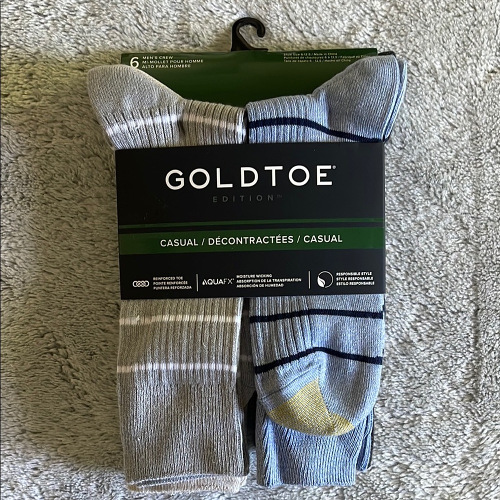 Gold Toe Casual Socks Gray and Blue Crew Length Packaged 
Striped and Solid